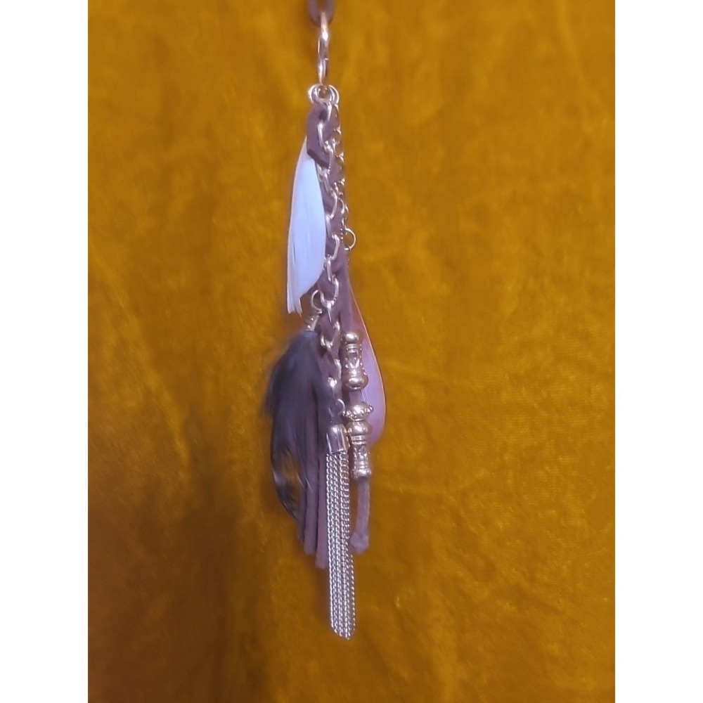 Long‎ Necklace With Beads, Feathers, Suede Tassel & Chains